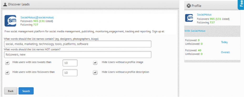 ScoialMotus Discover Twitter Followers Advanced